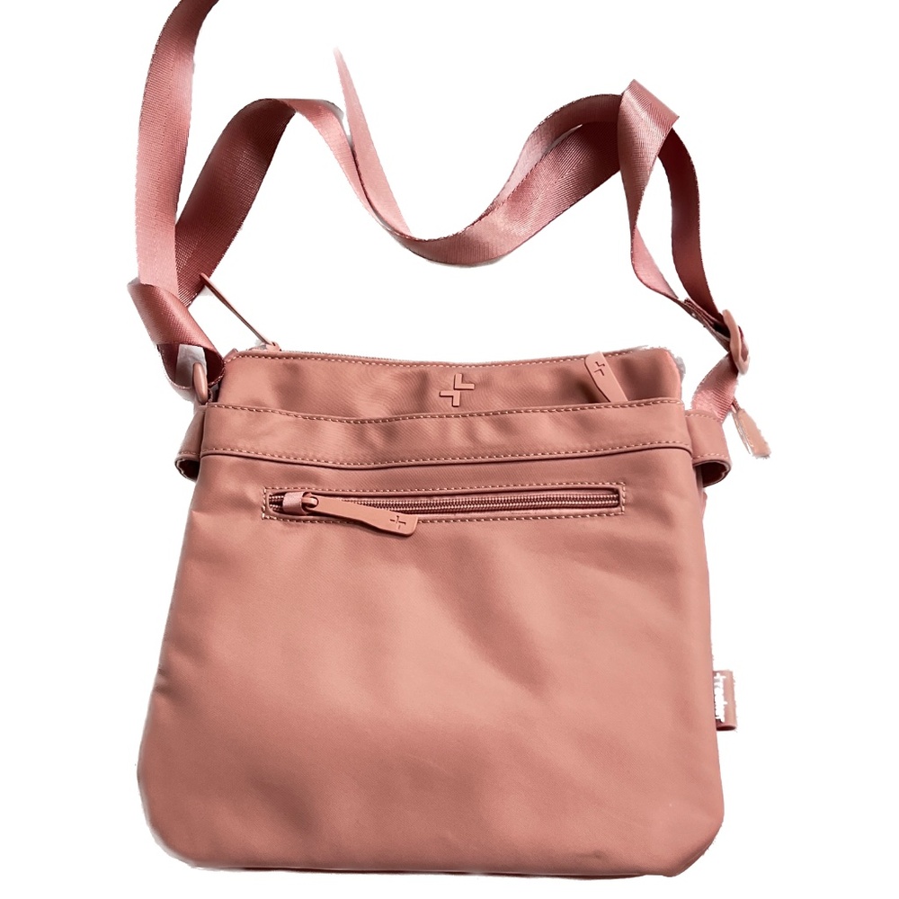 Tracker Crossbody Bag Travel Pink RFID Blocking Slot Lots of Pockets Top Zipper